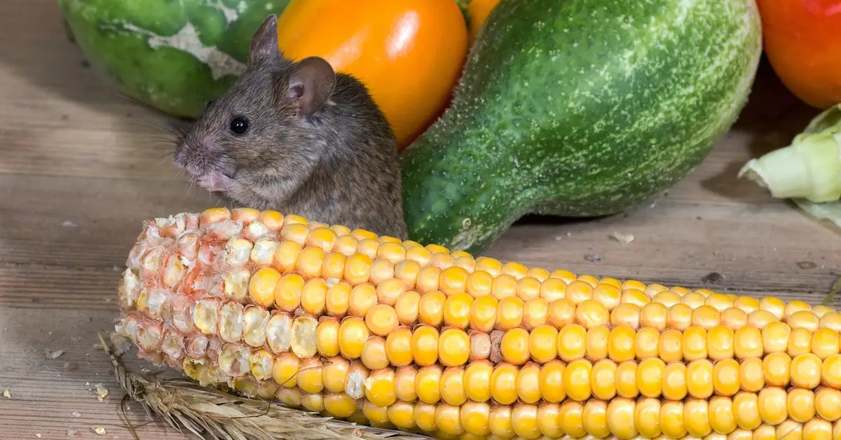 A mouse sits next to a partially eaten ear of corn on a wooden surface, with green and orange vegetables in the background, illustrating rodent damage to stored goods.