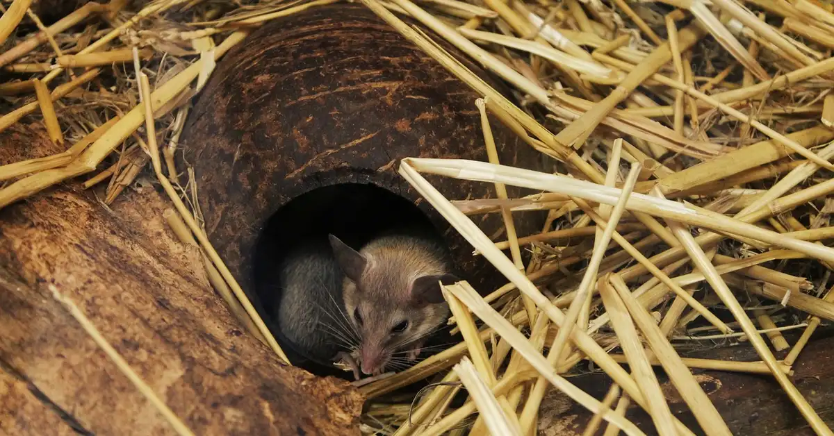 A small brown mouse peeks out from a dark burrow surrounded by straw.