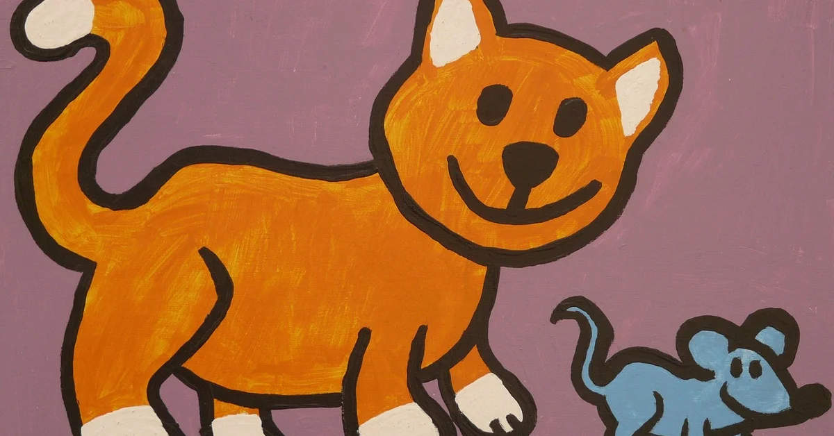 Cartoon illustration of an orange cat with white paws and a small blue mouse on a purple background, in a bold, playful style.