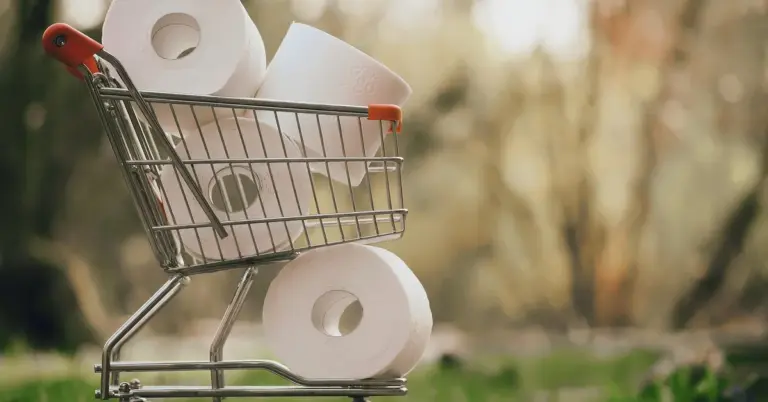 A metal shopping cart overflowing with white toilet paper rolls outdoors, with a blurred natural background.