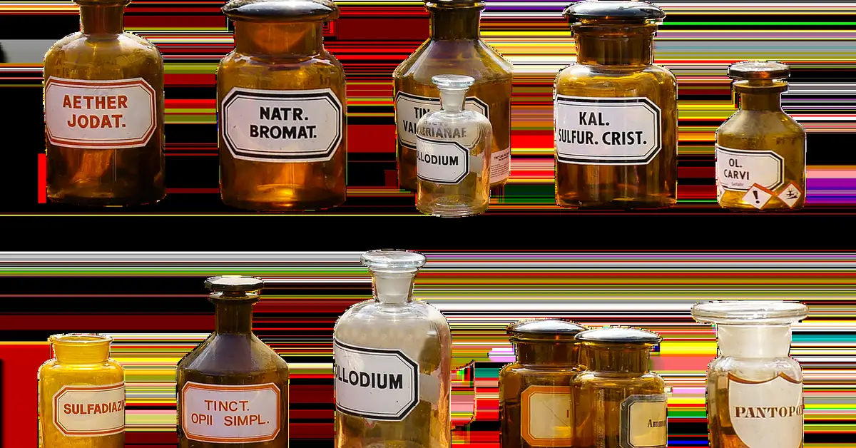 Row of old labeled medicine bottles on a shelf, suggesting exposure to toxins and potential neurological risks in pets.