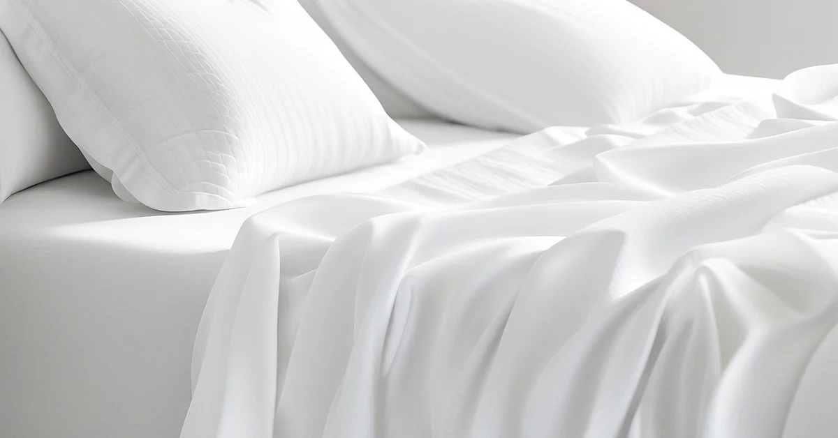 Close-up of clean white sheets and a pillow on a neatly made bed, symbolizing safe, hypoallergenic bedding.