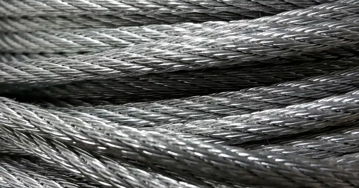 Close-up of braided steel wire rope coils