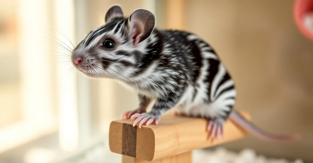 Zebra mouse with black and white stripes perched on a wooden platform near a window.